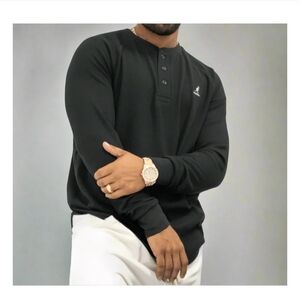 Kangol Waffle Knit Henley Black Long Sleeve Cotton Thermal Medium Mens Top